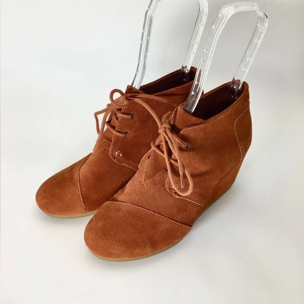 Toms Kala Rust Brown Lace Up‎ Suede Wedge Heels Ankle Boot Booties Women's 7.5